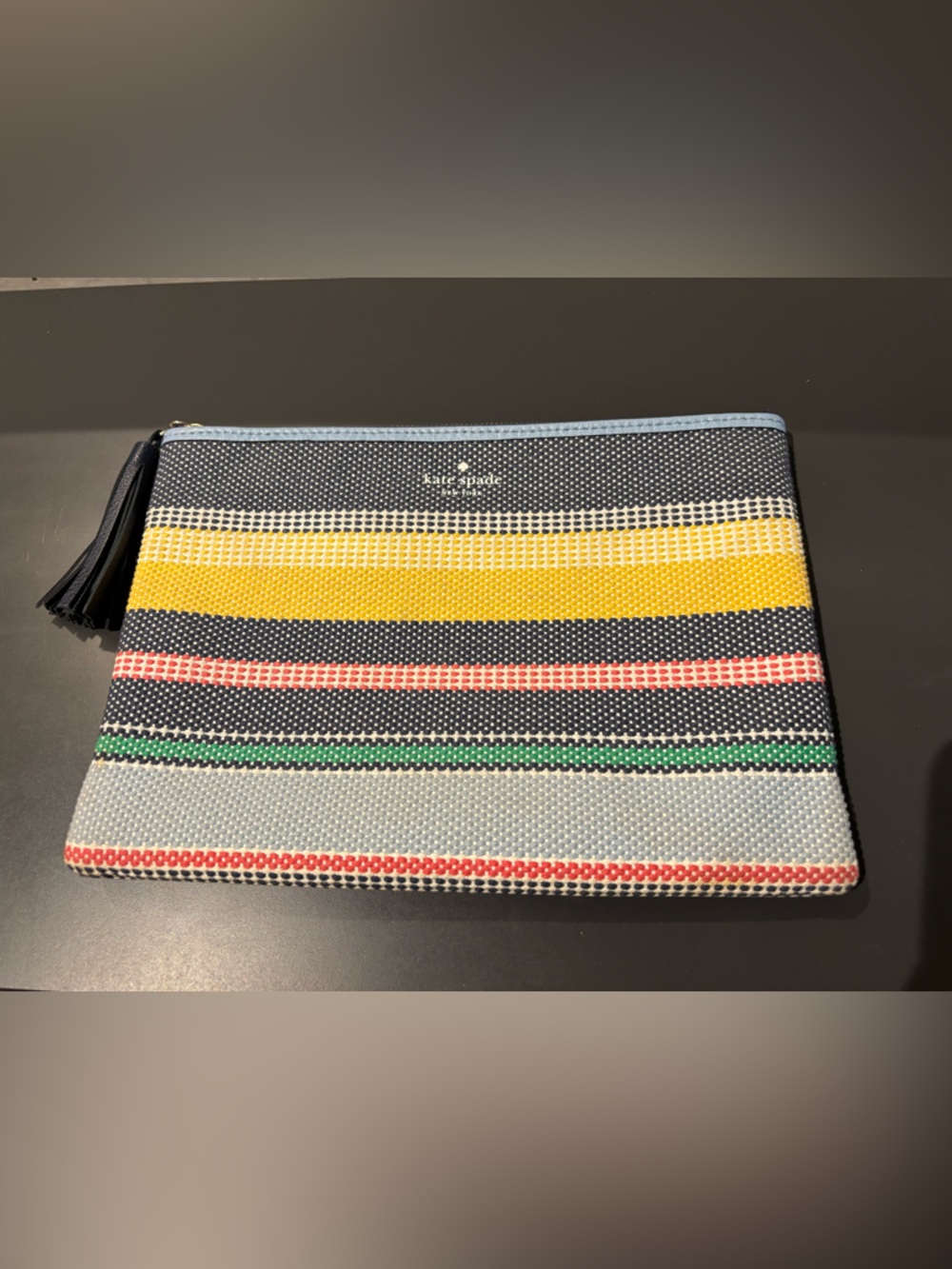 Kate Spade Navy, Yellow & Coral Striped Woven Zip Pouch